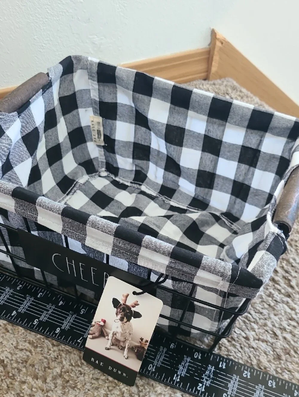 Rae Dunn Black & White Buffalo Check CHEER Wire Basket
